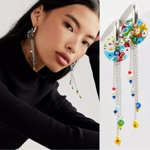 Free People Villa Hoop Earrings in Silver Multi NWT  Glass Beads Dangle Bohemian